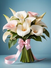 White and pink calla lilies bouquet with pink  ribbon on blue background
