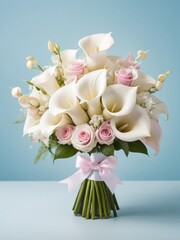 Elegant bouquet of white calla lilies and pink roses on blue background