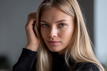 Obraz premium Portrait of a young woman with long blond hair, fair skin, and light eyes, against a neutral background, looking directly at the camera.