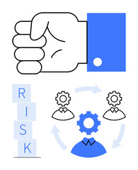 Fist representing control, risk blocks stacked for challenges, gears with silhouettes for teamwork and strategies. Ideal for risk, control, problem-solving, management, teamwork, leadership abstract