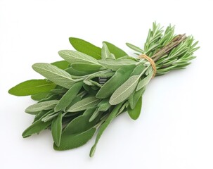 Freshly bundled sage and rosemary herbs lie diagonally on a white surface, showcasing their vibrant green foliage