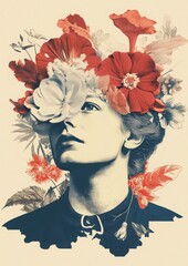Poster encadré art, womans face, flowers, poster style, 5:7