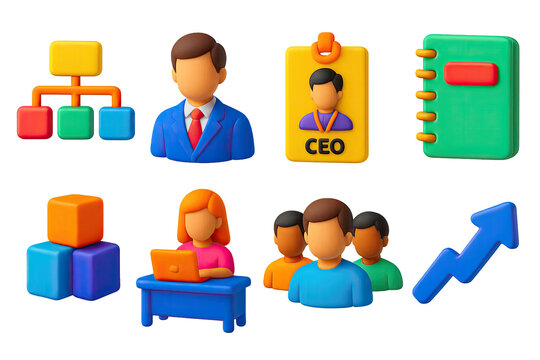 3D icon set of corporate hierarchy: org chart, manager icon, CEO badge, intern notebook, department blocks, assistant desk, team icon, promotion arrow. 3d icons. Generated icons set of 3d style in a