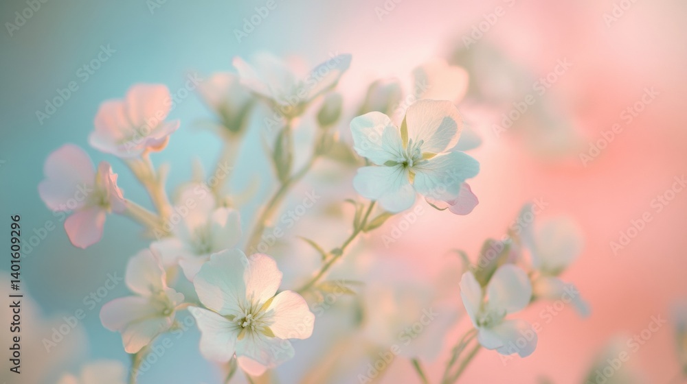 Poster soft bokeh of out-of-focus flowers on a pastel gradient background creates a dreamy atmosphere suita