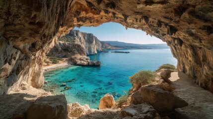 This captivating view shows a rocky cave framing a stunning coastal landscape with crystal clear waters and a serene shoreline. The location invites exploration and relaxation in nature