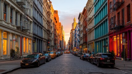 Fototapeta premium Sunset casts a warm glow over a cobblestone street in SoHo, New York City. Colorful buildings line the street, showcasing vibrant storefronts and parked cars under a fading sky