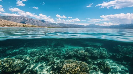 Obraz premium Crystal clear waters reveal stunning coral reefs teeming with marine life beneath the surface in a beautiful coastal landscape. Bright blue skies complement the serene atmosphere