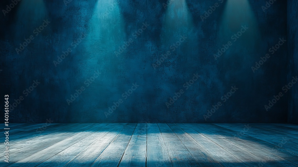 Poster modern stage setup with blue lighting creating an artistic atmosphere for performances or events in 
