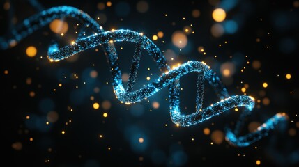 Glowing, detailed DNA strand with blue and gold particles on a dark background