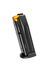 Black pistol magazine with orange follower, standing upright, isolated on white background