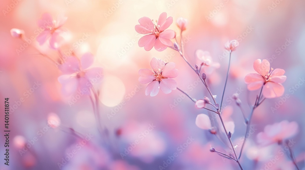 Poster Delicate pastel flowers create a dreamy backdrop with soft bokeh and an ethereal glow in the gentle light of a warm afternoon