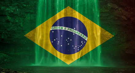 Brazilian Spirit Over Nature – Vibrant Flag Overlay on Majestic Waterfall