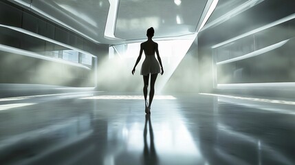 Fototapeta premium Silhouette of a woman walks away in a bright futuristic corridor.