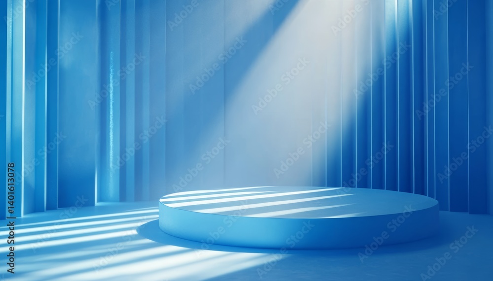 Poster bright blue light bursts radiating from a circular platform in a darkened space, creating a dynamic 