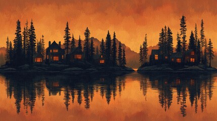 Fototapeta premium Sunset Serenity: Lakeside Cabins and Mountain Reflections