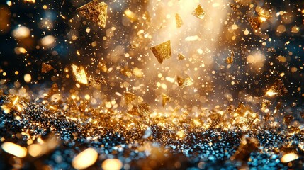 Golden shards and dust floating upwards against a dark, sparkling background