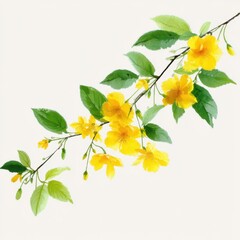 Obraz premium Branch with yellow flowers and green leaves isolated on white background