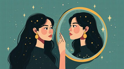 Woman Looking at Her Reflection in Magical Mirror