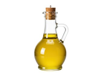 Glass bottle of olive oil cooking ingredient on white table isolated on white background