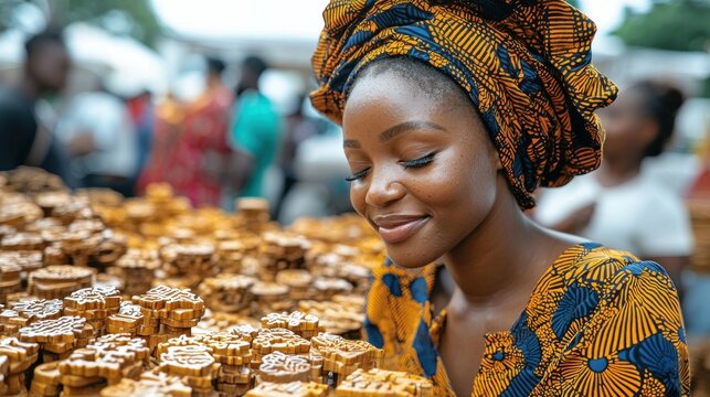 African Woman at Market Browsing Wooden Crafts