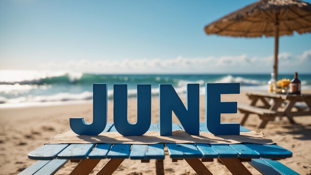 The month of june is spelled out on a blue picnic table at a beach with the ocean in the background.