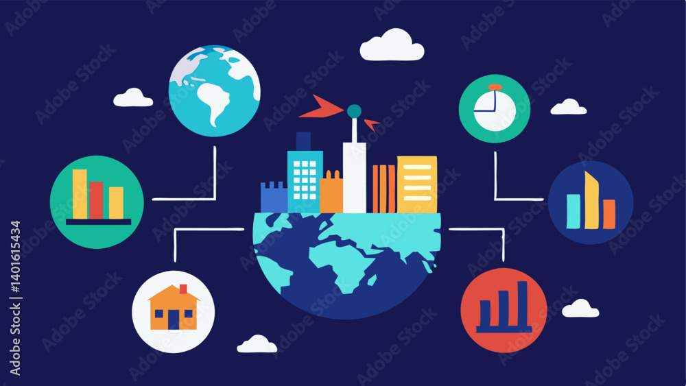 Poster global impact visualization a world map depicting various buildings with smart glass globally using 