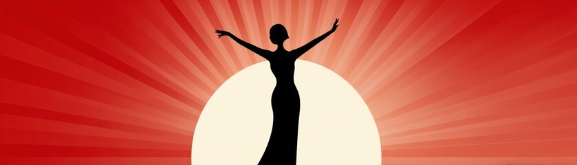 A silhouette of a woman with outstretched arms stands in front of a large sun, radiating warmth and positivity against a vibrant red background.