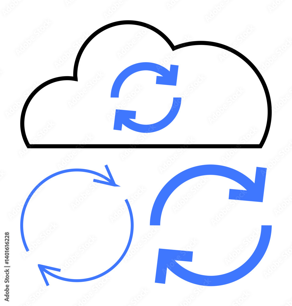 Poster cloud outline with synchronized arrows, blue circular arrows below, visual of data sharing, transfer