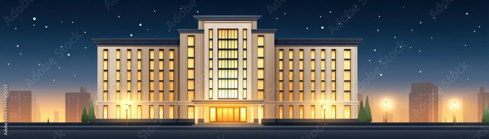 Poster a modern building illuminated at night, surrounded by a starry sky, showcasing contemporary architec