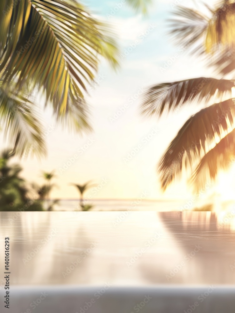 Aufkleber calm tropical sunset view over a beach with palm trees and soft reflections creating a serene atmosp