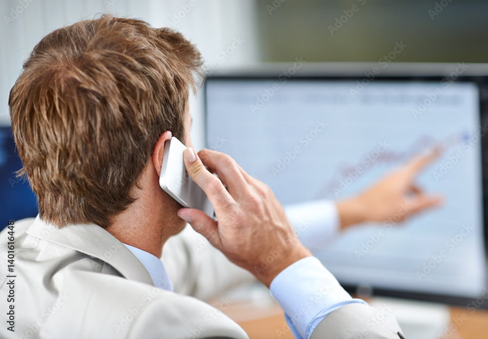 Poster Business man, phone call and trading on computer screen with data analytics, statistics or financial report advice. Trader or accountant talking on mobile for stock market investment or accounting