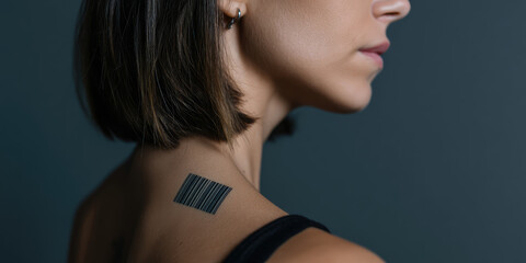 Young sad woman with a barcode tattoo on her shoulder. Concept of woman as a commodity, human trafficking, prostitution and sexual slavery