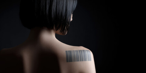Young sad woman with a barcode tattoo on her shoulder. Concept of woman as a commodity, human trafficking, prostitution and sexual slavery