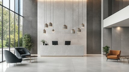 Monochromatic hotel reception area with marble finish, pendant lights, and open space