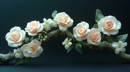 Roses and small white flowers arranged on a branch against a dark background creating an elegant composition