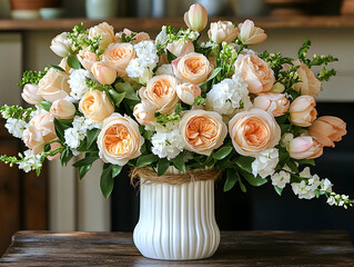 Roses and tulips arranged in a vase placed on a wooden table soft lighting in background