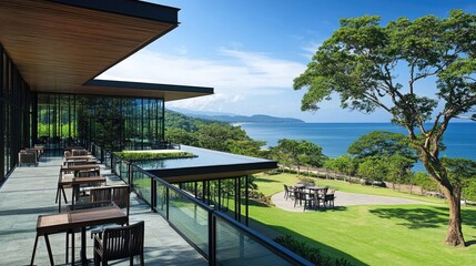 Fototapeta premium Ocean-view hotel with large glass balconies and modern tropical design