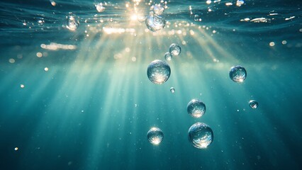 Bubbles ascend gently in clear water, illuminated by sunlight streaming from above. The calm environment hints at a peaceful underwater world.