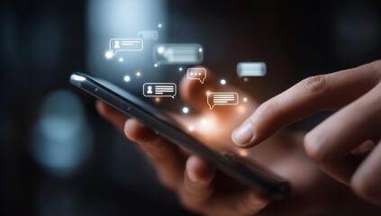 Close-up of hands using a smartphone with digital chat bubbles floating and glowing.