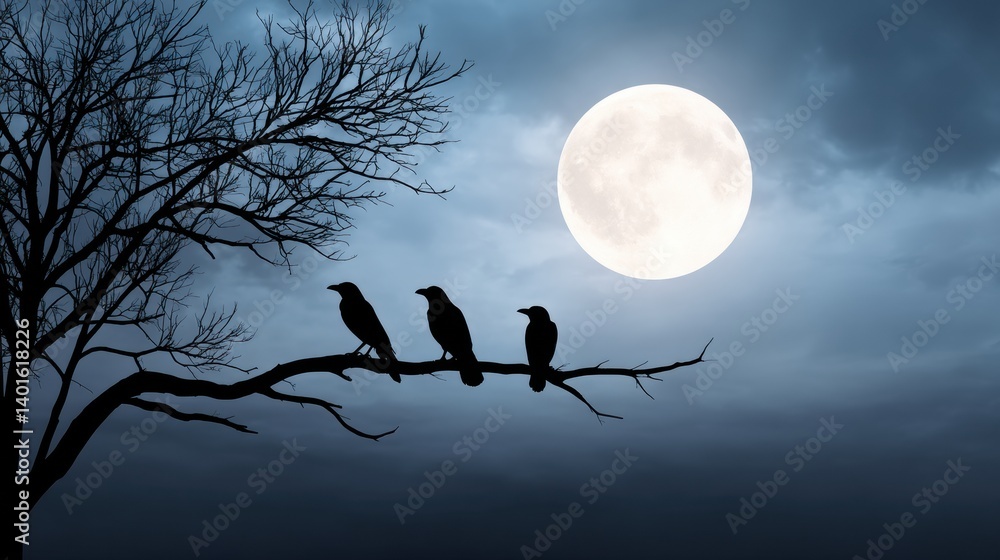 Poster a serene night scene featuring three crows perched on a branch against a glowing full moon and moody