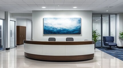 Fototapeta premium Reception area with curved desk design, abstract artwork, and calming lighting