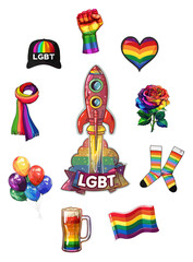 Collection of Pride Symbols: Rocket, Rose, Flag, Fist, Heart, and More