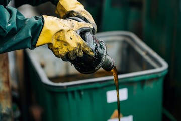 Worker safely disposes of used oil into hazardous waste container while wearing gloves and safety goggles