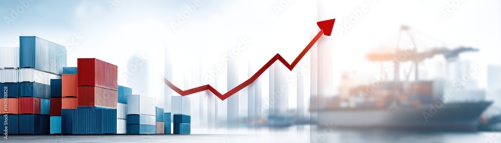 Poster a dynamic image showcasing shipping containers with a rising graph, symbolizing growth and trade in 