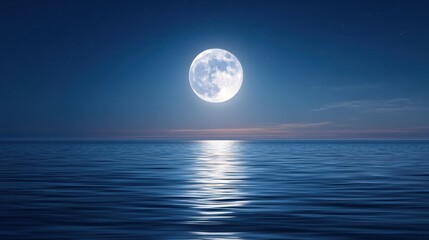 A serene night scene featuring a luminous full moon reflecting on calm ocean waters under a starry sky.