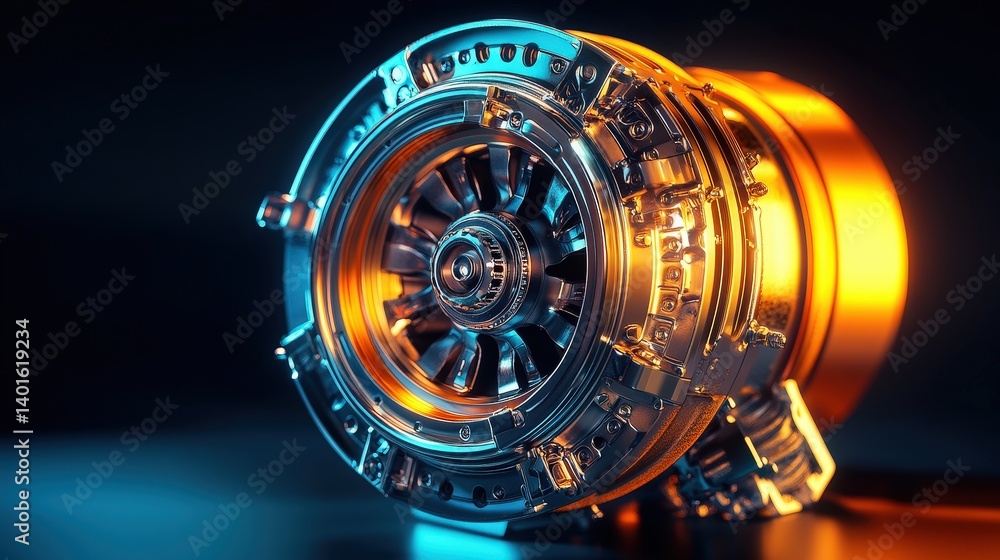 Poster futuristic engine design with metallic colors and intricate details