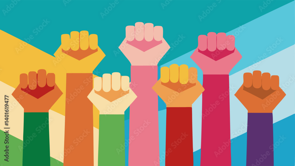 Poster raised fists a closeup of several raised fists of different skin tones with a background of colorful