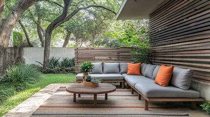 Fototapeta premium Backyard view with layered horizontal slat fence for visual privacy and shade