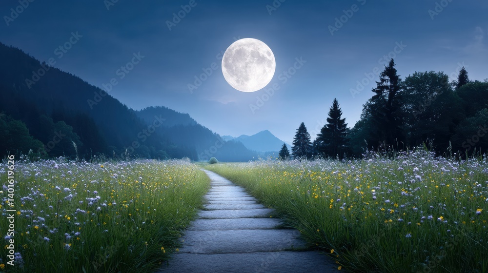 Poster a serene landscape featuring a moonlit path through a meadow, surrounded by mountains and illuminate