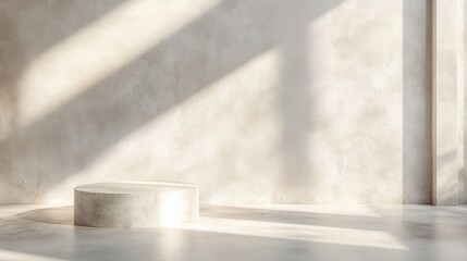 Minimalist stage with a cylindrical pedestal bathed in soft, directional light. Neutral tones and textured walls create a serene, modern aesthetic